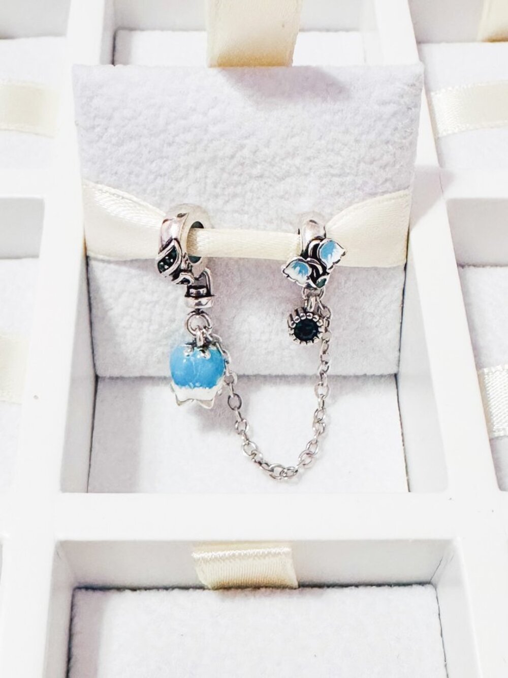 925 Sterling Silver Blue Lily Of The Valley Safety Chain Charm Fits Pandora